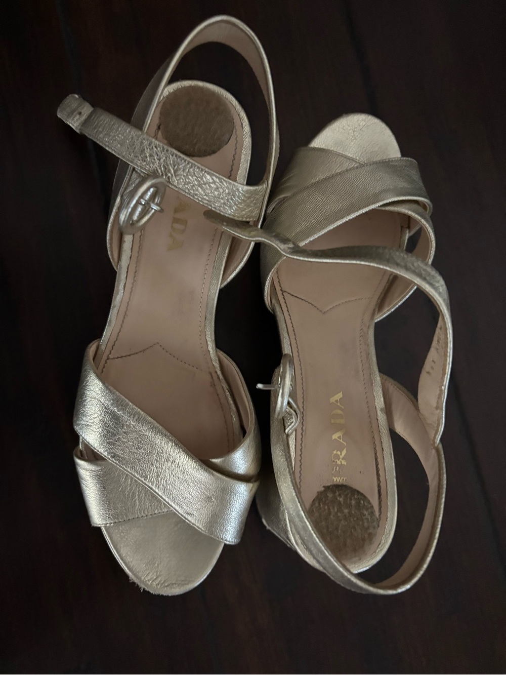 Prada Gold Leather Crisscross Slingback Sandals